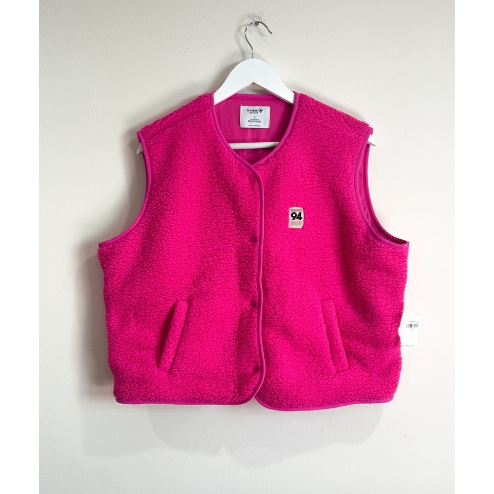 NWT Old Navy Sherpa Vest Flamingo Pink '94 Snap Front American Vintage Style S